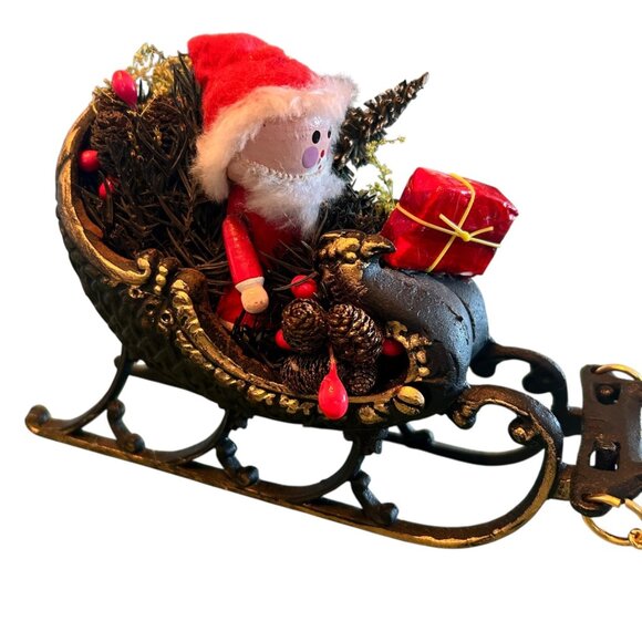Vintage Cast Iron Metal Christmas Sleigh Reindeer And Santa Assemblage Decor - Picture 3 of 11